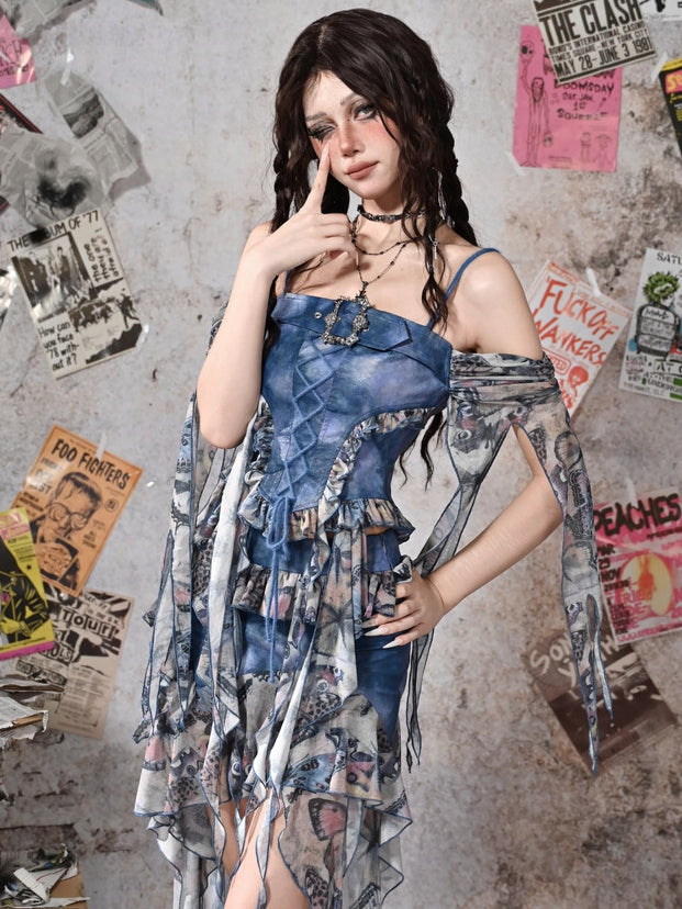 Grunge Punk Rock Fairycore Blue Butterflies Print Mesh Patchwork Design PU Top Flounce Hem