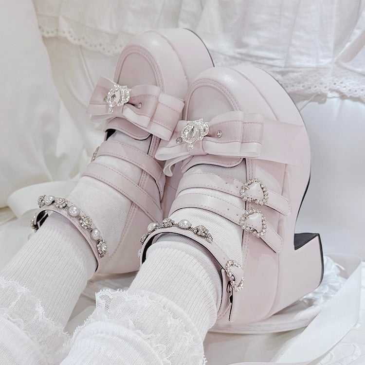 Matte Pink Jirai Kei Rhinestone Decorated Heart-shaped Buckle Design Bow at Top Platform High Block Heels