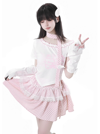 Pink/Baby Blue Starfish and Seashell Print Ruffled Asymmetrical Neckline T-shirt with Plaid Scarf