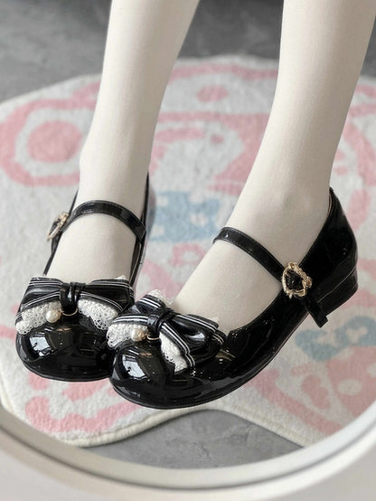 Black Lace Trim and Bead Charm Decorated Bowknot Sweet Lolita Mary Janes