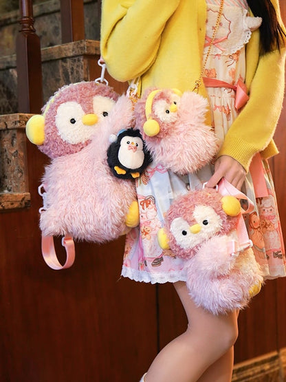 Pink Cute Penguin Plush Backpack/Crossbody Bag + Penguin Keychain Middle/Large Size