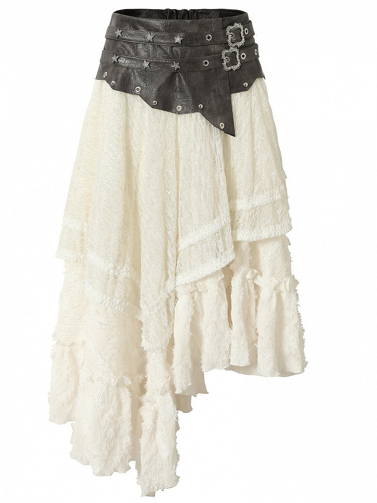 White Wasteland Punk Star Studs PU Waistline Asymmetrical Flounce Hem Skirt