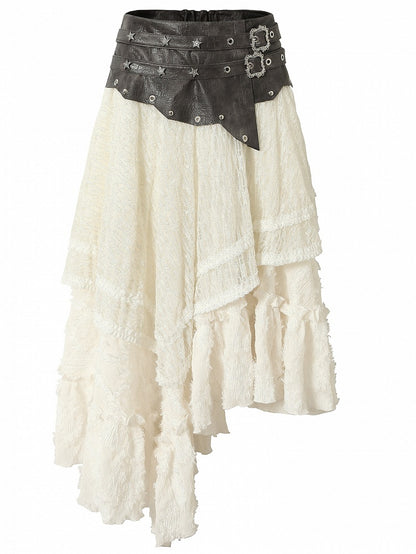 White Wasteland Punk Star Studs PU Waistline Asymmetrical Flounce Hem Skirt
