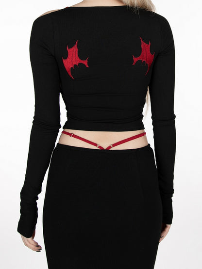 Black Devil Wings Embroidery at Back  Glamorous Cropped Top