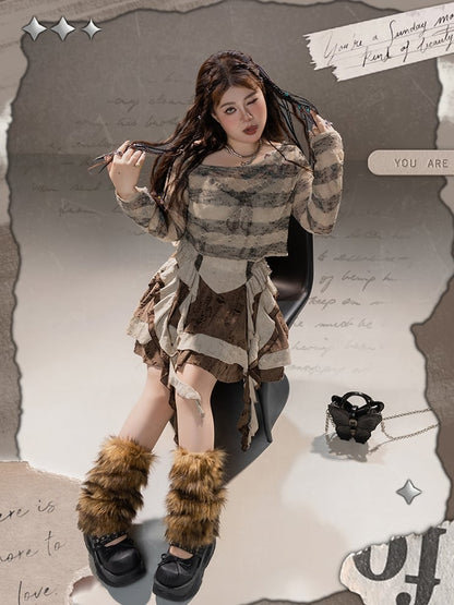 Plus Size Basque Waist Cascading Ruffles Distressed Holes Wasteland Punk Brown Cami Dress