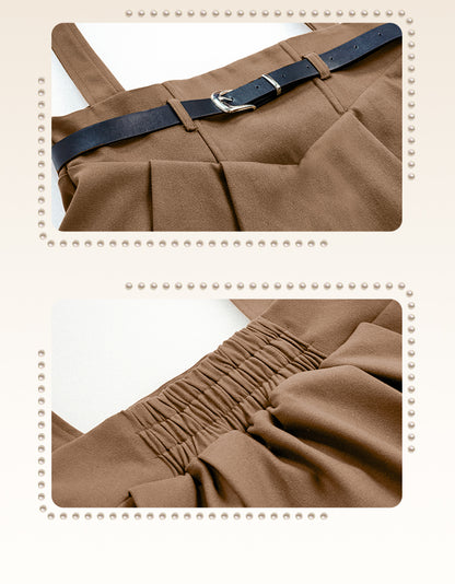 Plus Size - Coffee Preppy High Waist Overalls Suspender Skirt