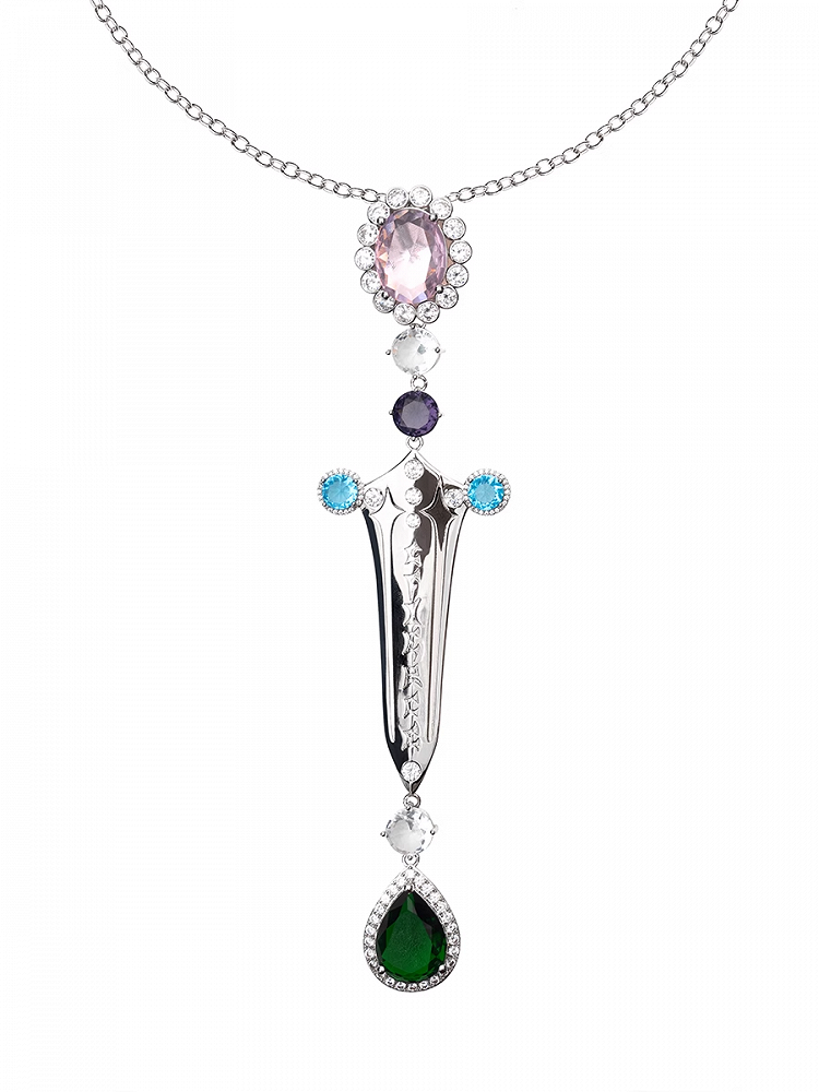 Multi-colored Rhinestones Silver Sword Charm Necklace