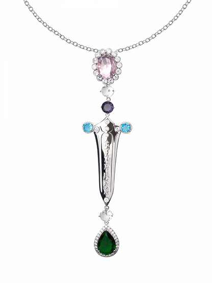 Multi-colored Rhinestones Silver Sword Charm Necklace