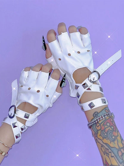 Punk Studs Crisscross Straps PU Half Finger Gloves 5 Color Options