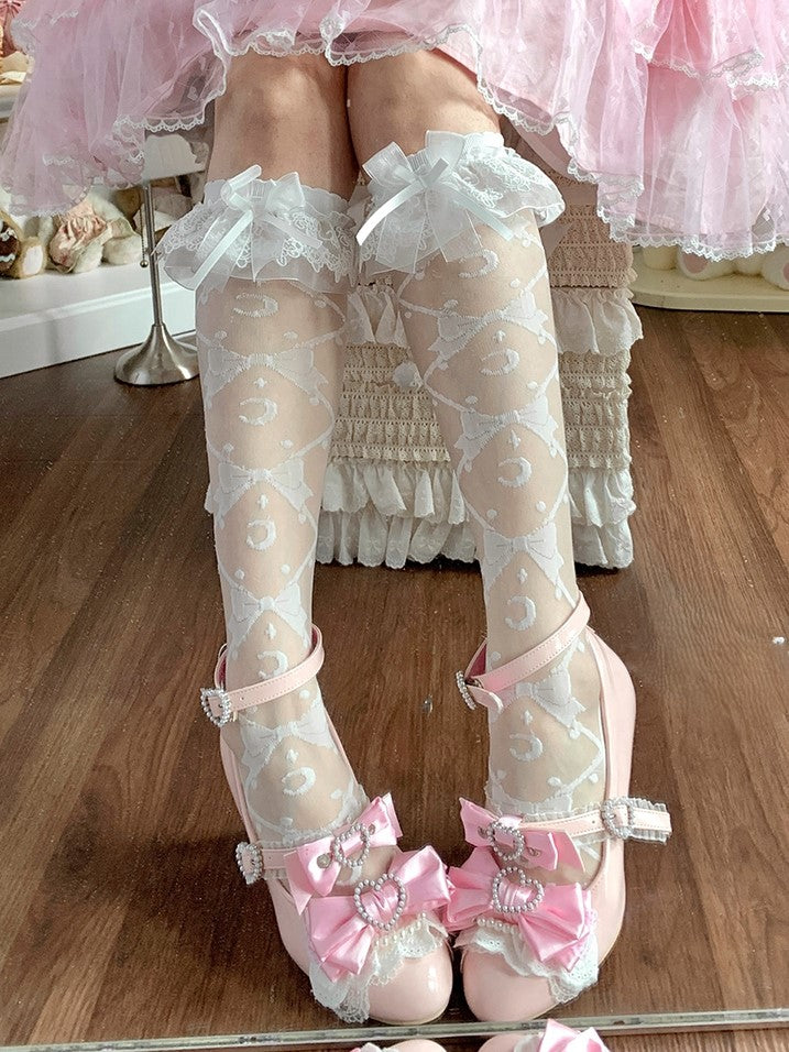White Moon and Bowknots Pattern Lace Cuffs Sweet Lolita Underknee/Overknee Stockings