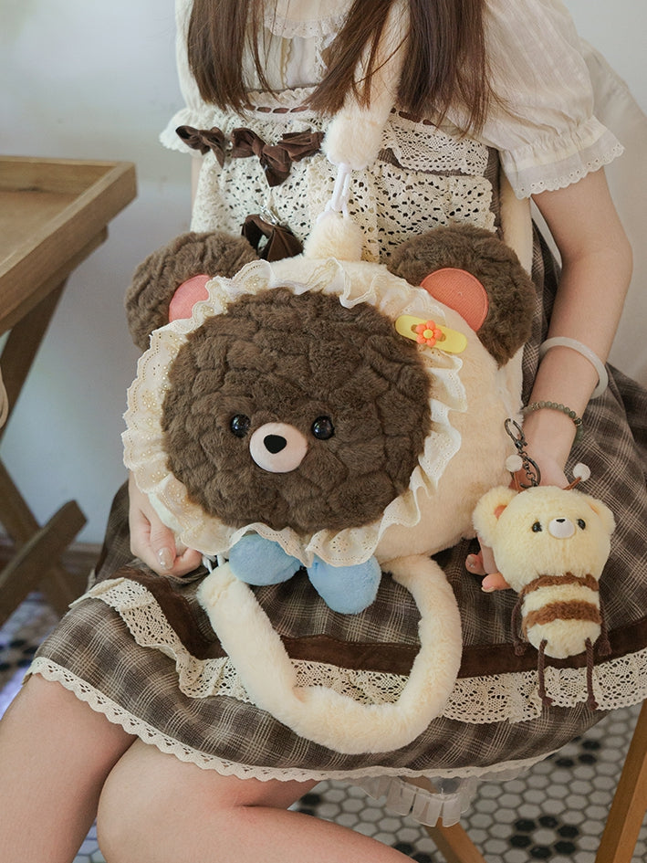 Brown&Beige Bear-shaped Lace Trim Plush Backpack