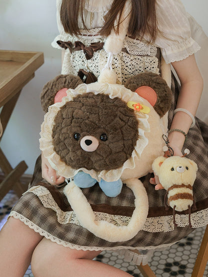 Brown&Beige Bear-shaped Lace Trim Plush Backpack