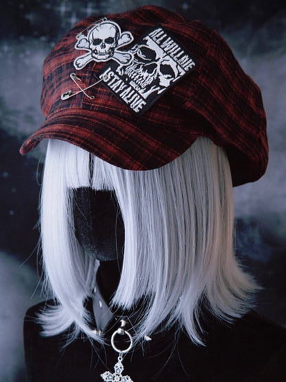 Red And Black Plaid Pattern With Skull Applique Beret