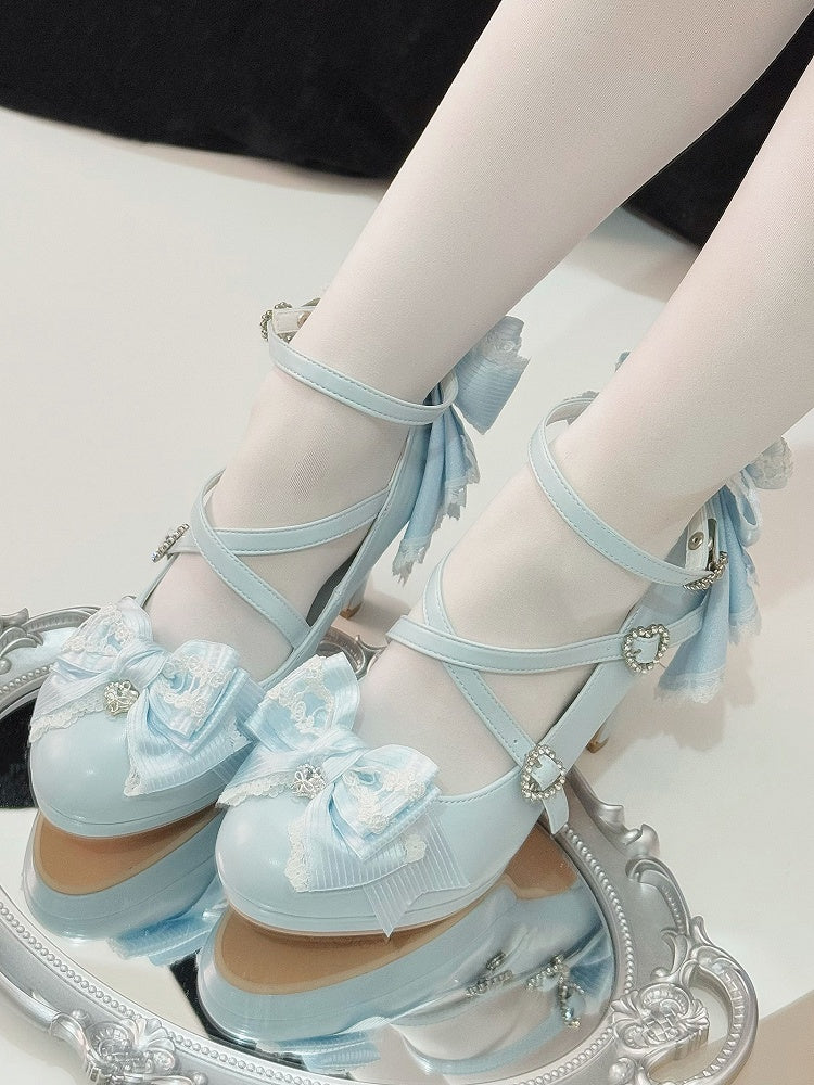 Light Blue Crisscross Design Heart Buckle Bow at Top High Heels