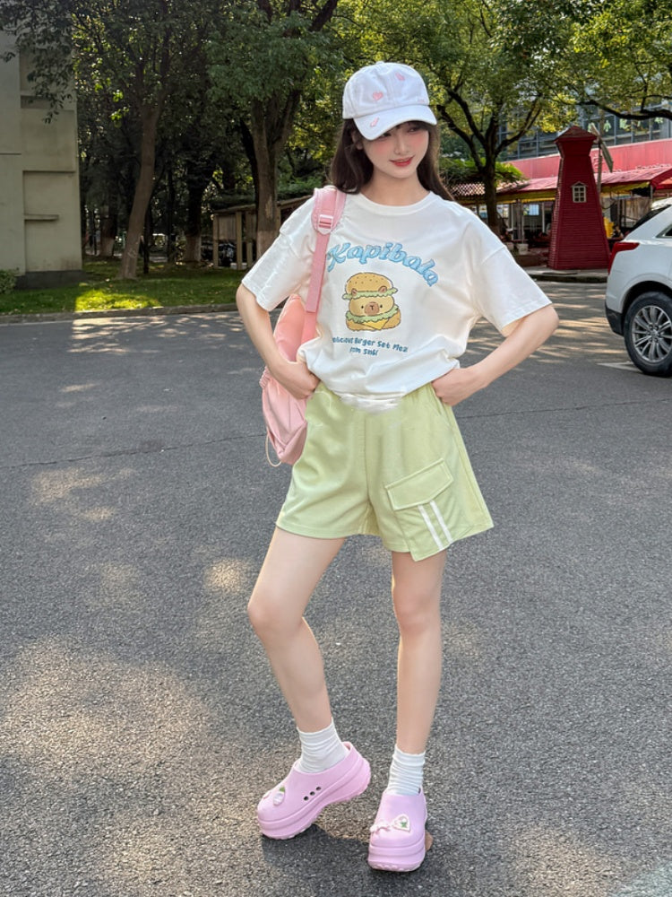 Green Drawstring Waist Casual Sports Shorts