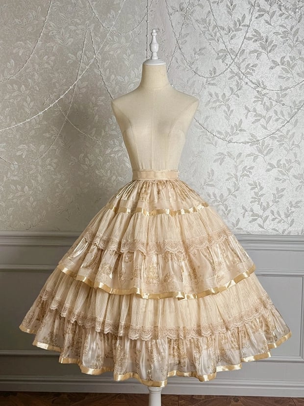 Champagne Bunny and Kitty Print Lolita Tiered Ruffle Skirt