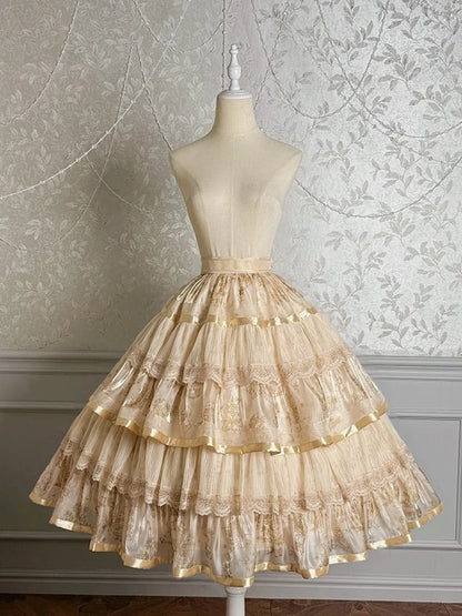 Champagne Bunny and Kitty Print Lolita Tiered Ruffle Skirt