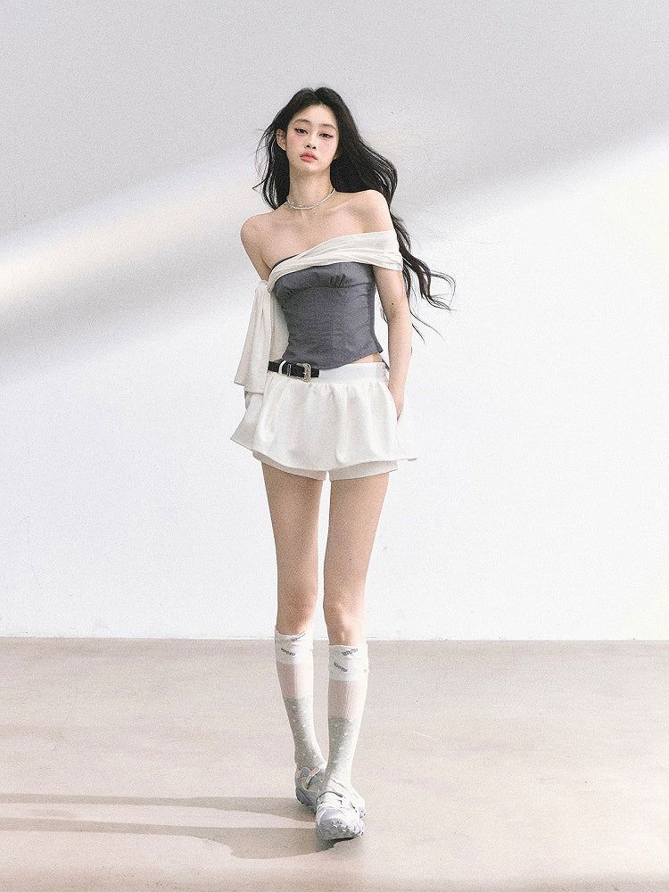 Gray Slim-fitting Strapless Top with White Self-tie Straps Design