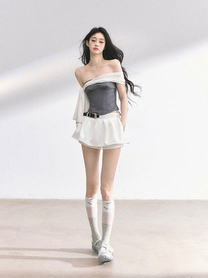 Gray Slim-fitting Strapless Top with White Self-tie Straps Design