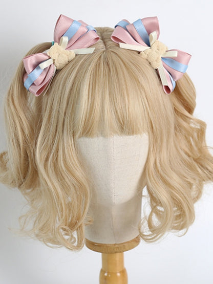 A Pair of Cute 3D Pink & Blue Bowknot Hairclips with Bear Decorations