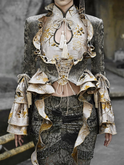 Dusty Green Under Bust Snakeskin Grain Jacket Cascading Ruffle Trim