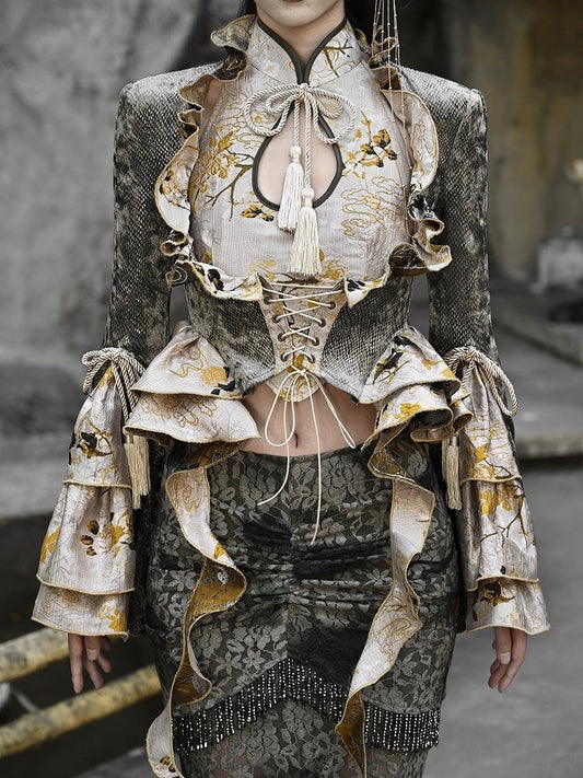 Dusty Green Under Bust Snakeskin Grain Jacket Cascading Ruffle Trim