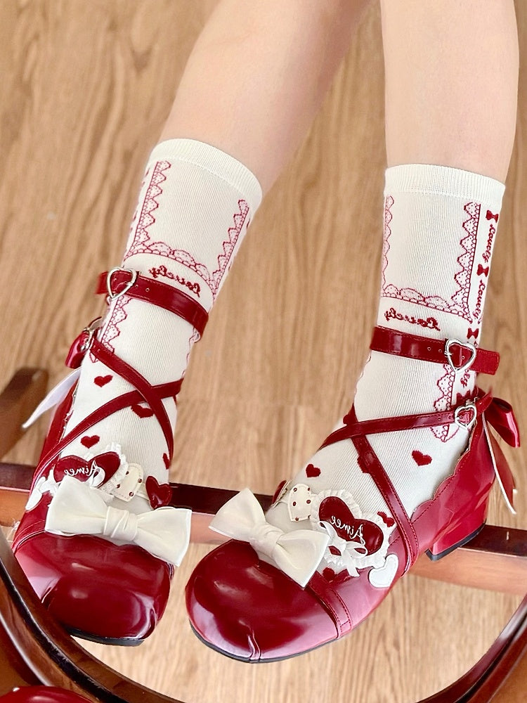 Red Heart Print Lace and Bowknot Pattern Lolita White Calf Socks
