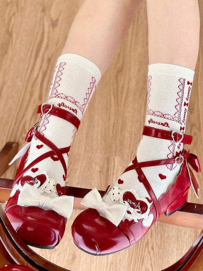 Red Heart Print Lace and Bowknot Pattern Lolita White Calf Socks
