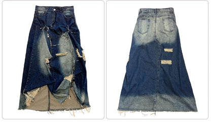 Faded Wash Blue Pins Decorated Punk Distressed Holes Y2K Denim Skirt