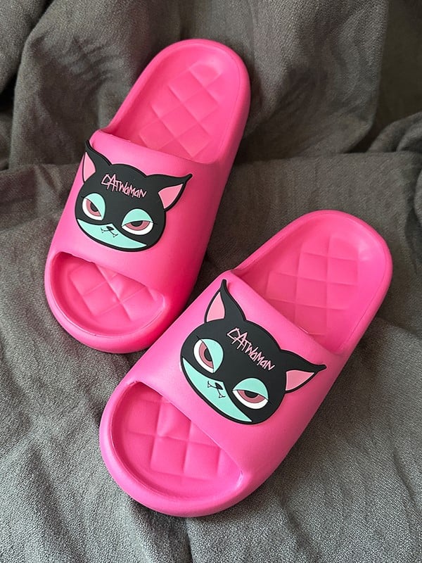 Pink Gothic Summer Slippers With Black Pink and Green Cat Applique