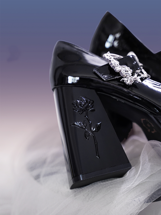 Polished Black Butterfly Buckle 11cm Floral High Block Heel Platform Mary Janes