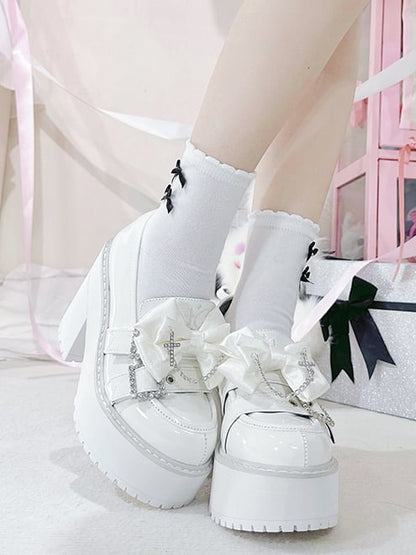 Polished White Jirai Kei Cross Chain Decorated Bow Rhinestoned Buckles Platform Loafers