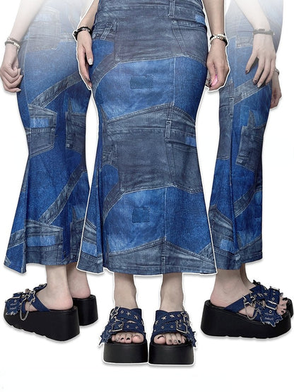 Star-shaped Buckles and Studs Blue Denim Punk Platform Slippers
