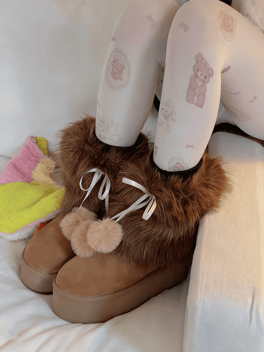 Pink/Coffee Sweet Plush Leg Warmers With Pompons