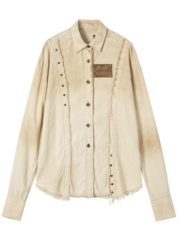 Beige Star Patch Punk Studs Faded Wash Shirt Frayed Hem