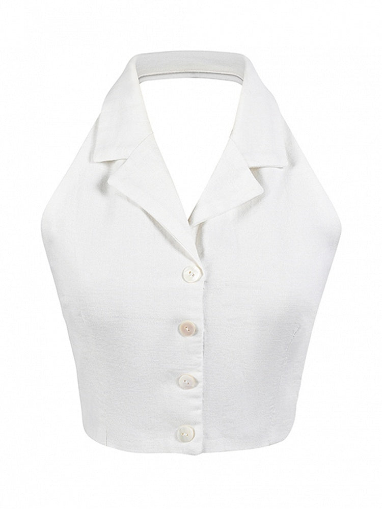 Vintage White Halter Neck Self-tie Straps Backless Top