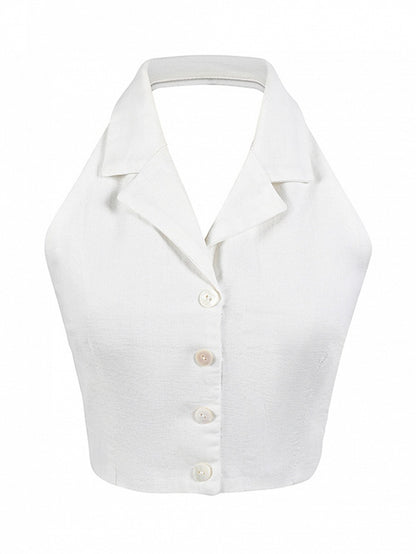 Vintage White Halter Neck Self-tie Straps Backless Top