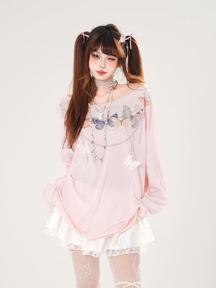 Butterfly-shaped Cutout Detail Back White/Pink Asymmetrical Neckline Top