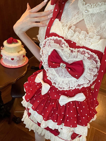 Red Polka Dots Sweet Bow Accents Lolita Full Set - Cami Top + Skirt + Puff Sleeves Cropped Top