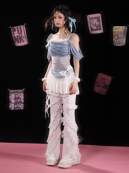 White Balletcore Lace Ruffles Pants + Self-tie Skirt Set
