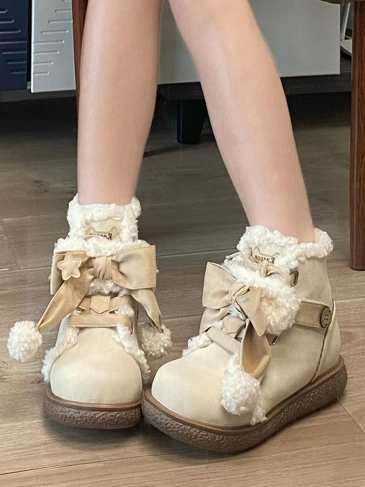 Sweet Lolita Beige 3cm Flat Sole Ankle Boots - Plush Lining, Star Patches & Apricot Bow Accents