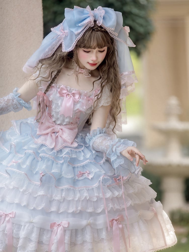 Blue and Pink Hime Lolita Bow Accents Tiered Skirt Princess Dress