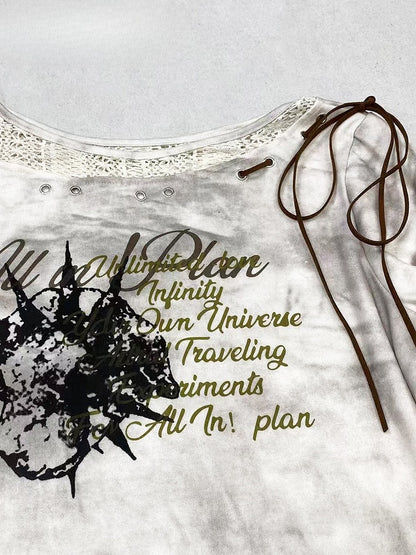 White Wasteland Punk Letter Print Self-tie Strap Tie Dye Design Sweatshirt