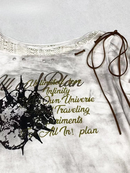 White Wasteland Punk Letter Print Self-tie Strap Tie Dye Design Sweatshirt