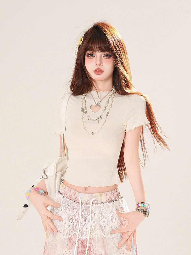 Pink/Apricot Crew Neck Heart-shaped Cutout Lettuce Hem T-shirt