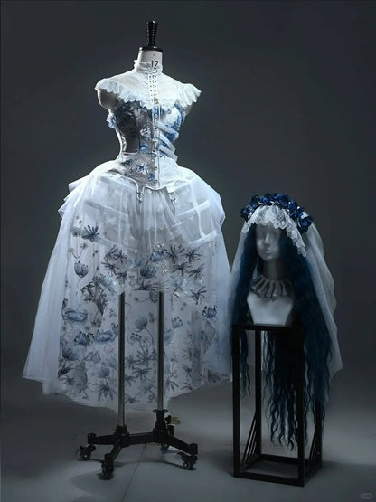 Half White Half Dusty Blue Corpse Bride Floral Embroidery Goth Boned Corset Top