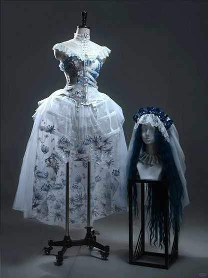 Corpse Bride White High-low Tulle Skirt with Delicate Blue Black Floral Embroidery