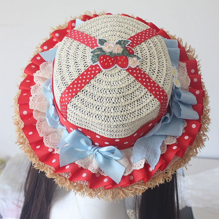 Red Strawberry Applique Bowknot Details Ruffles Trim Straw Hat