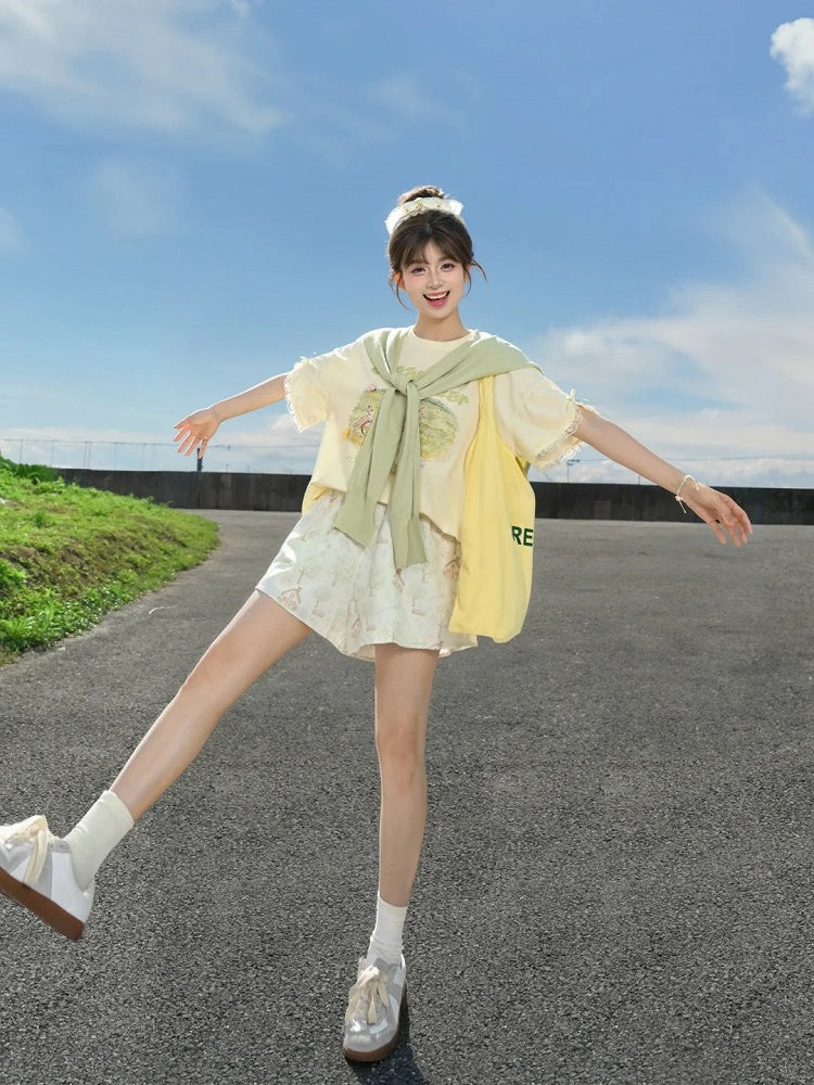 Adorable Bunny Print Green Drawstring Waist Wide-leg Shorts