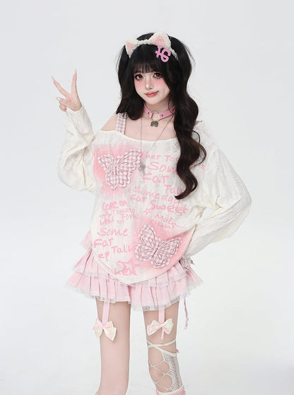 Sweet Pink Plaid Butterfly Appliques Asymmetrical Neckline Black/Apricot Top